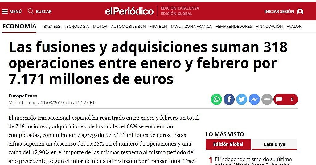 Las fusiones y adquisiciones suman 318 operaciones entre enero y febrero por 7.171 millones de euros